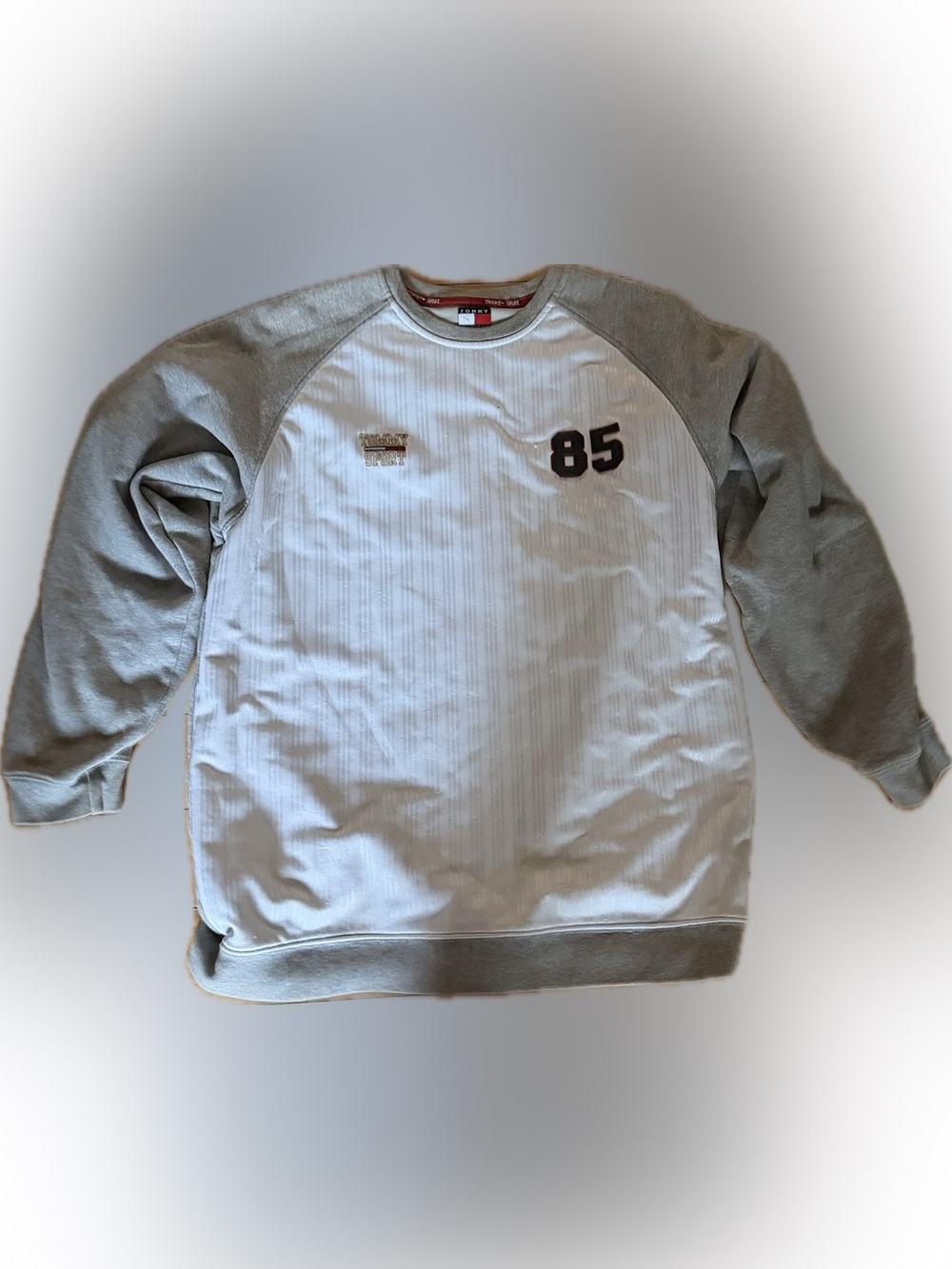 Tommy Hilfiger White and Gray Raglan '85' Pullover Sweatshirt